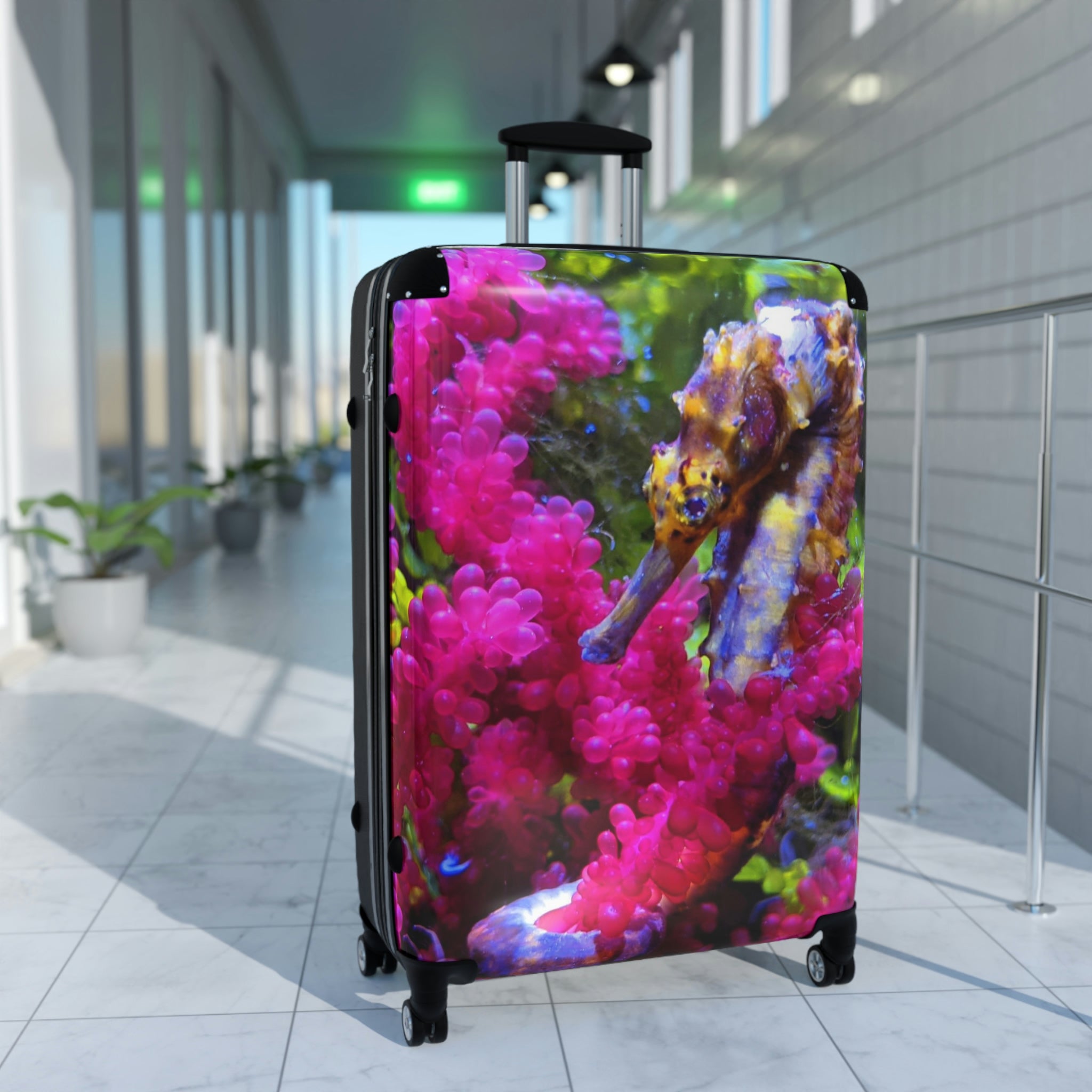 Seahorse Cabin Suitcase with personalized design, showcasing its polycarbonate front and ABS back, adjustable handle, and 360° swivel wheels.