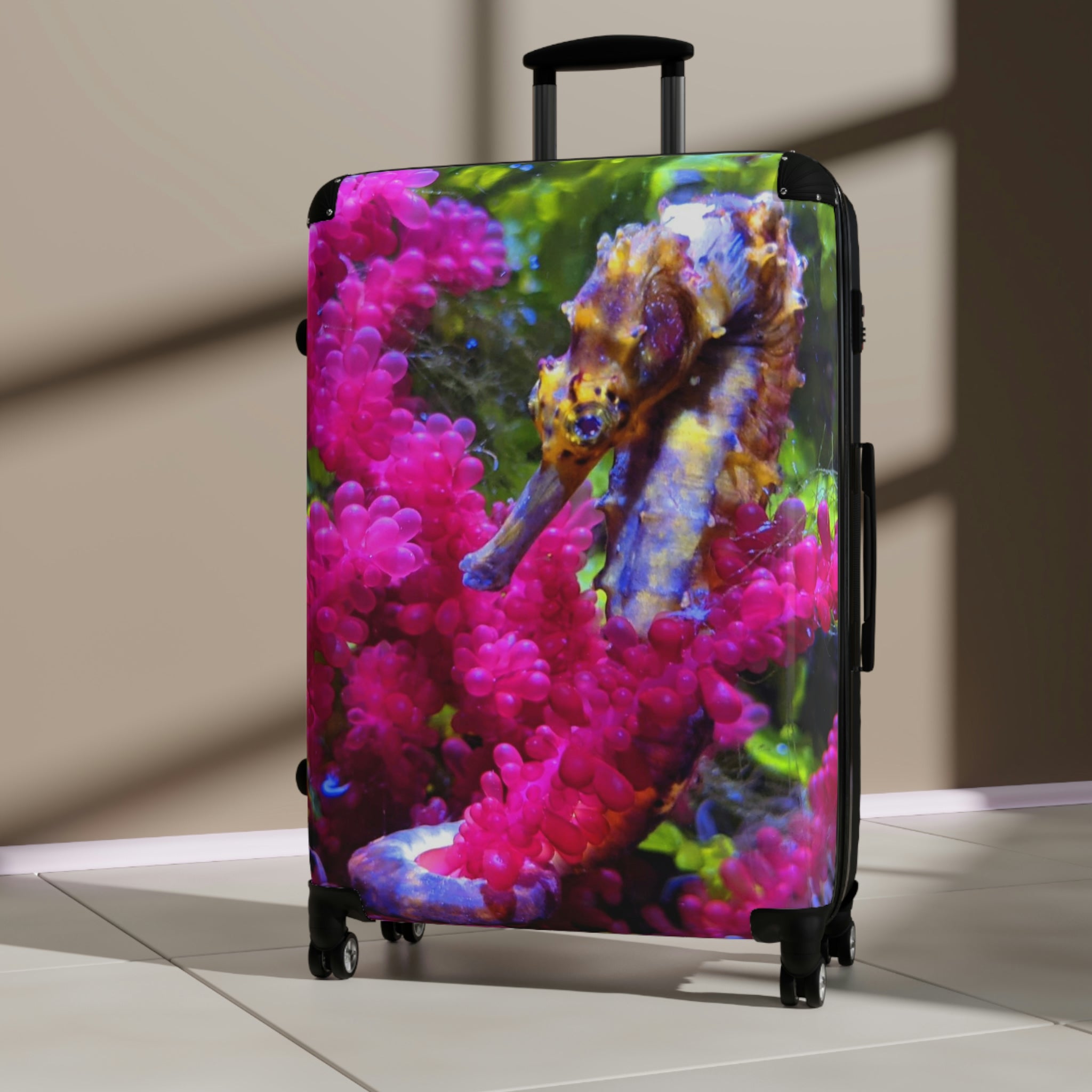 Seahorse Cabin Suitcase with personalized design, showcasing its polycarbonate front and ABS back, adjustable handle, and 360° swivel wheels.