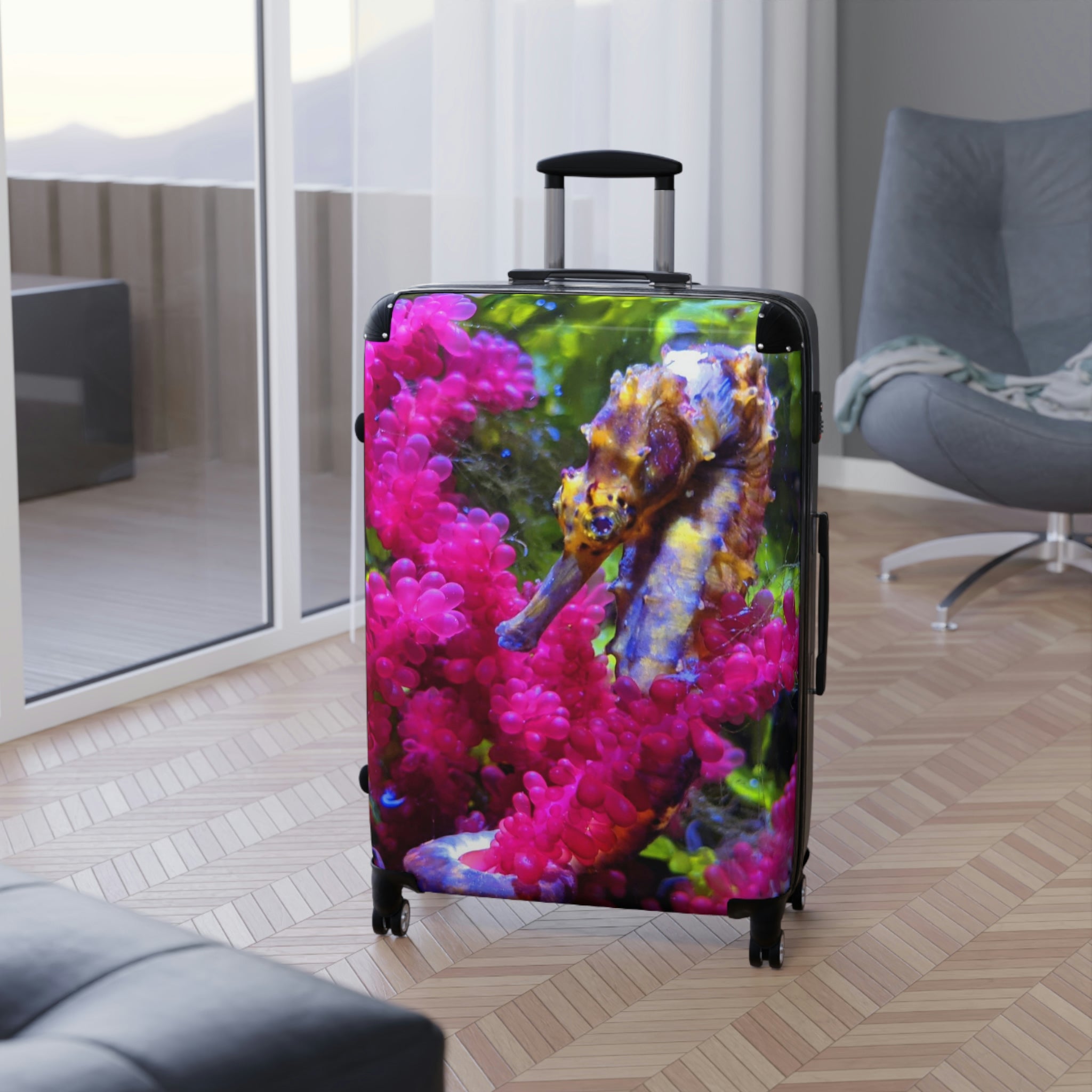 Seahorse Cabin Suitcase with personalized design, showcasing its polycarbonate front and ABS back, adjustable handle, and 360° swivel wheels.