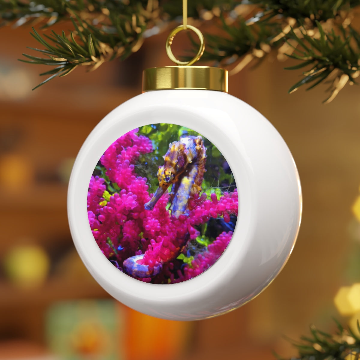 A beautiful 3-inch Seahorse Christmas Ball Ornament with a glossy finish and gold ribbon, featuring a vintage design and custom metal insert.