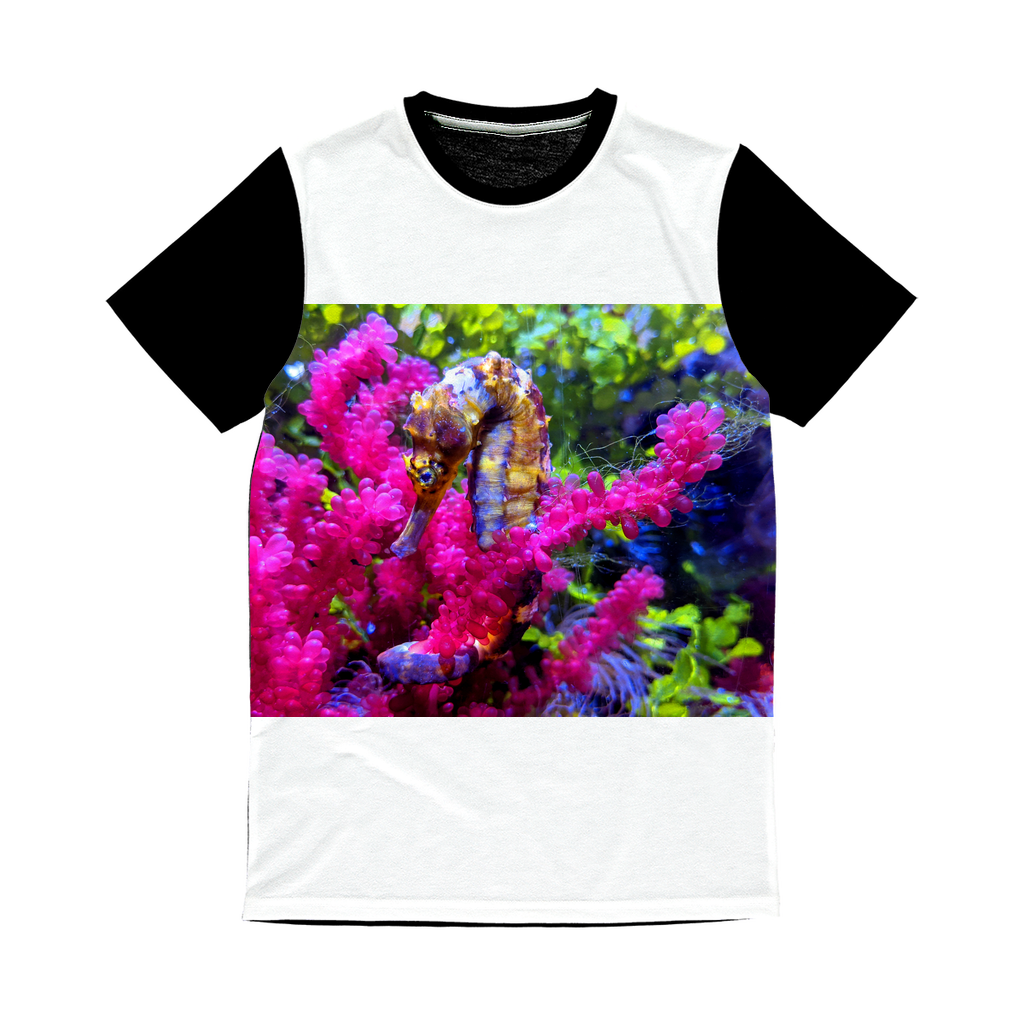 Seahorse Classic Sublimation Panel T-Shirt featuring a vibrant front design and a plain black back, ideal for custom printing.