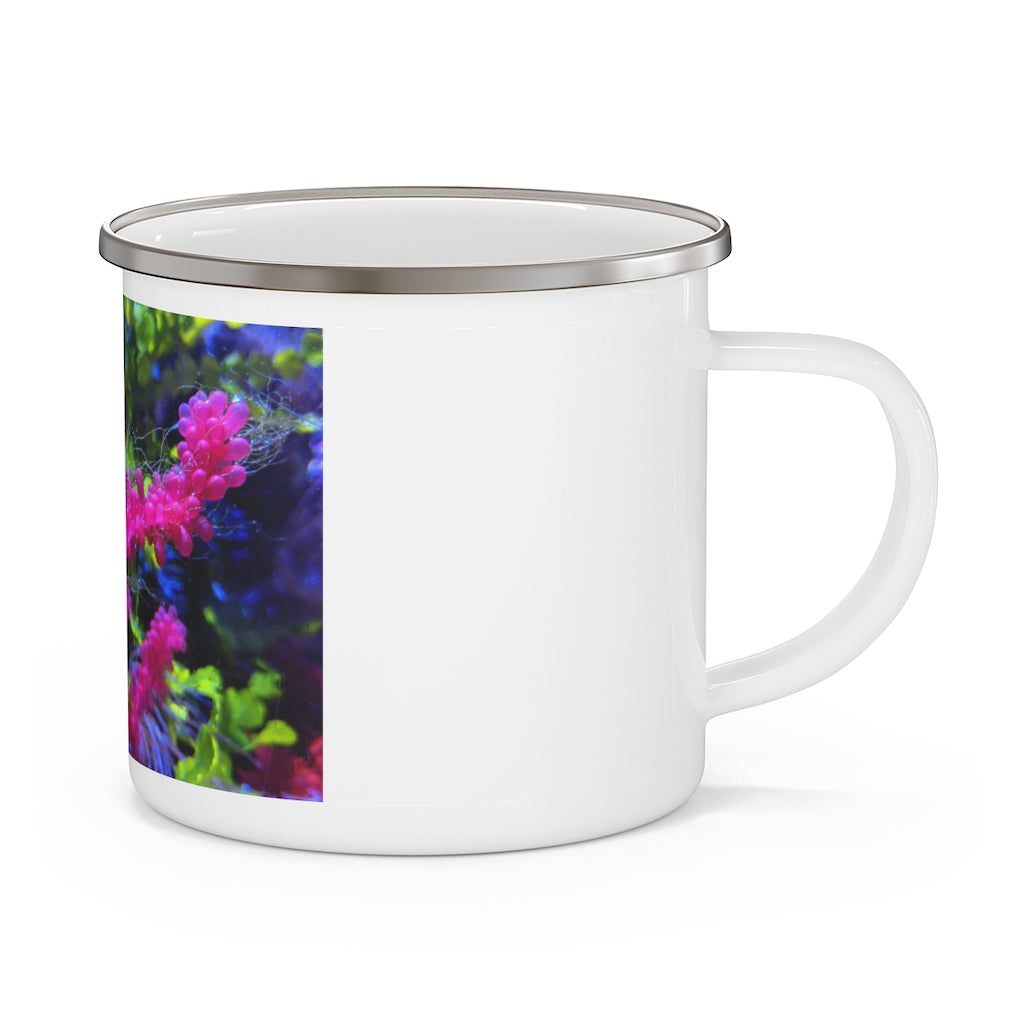 A stylish Seahorse Enamel Camping Mug with a vibrant design, perfect for outdoor adventures and personalized printing.