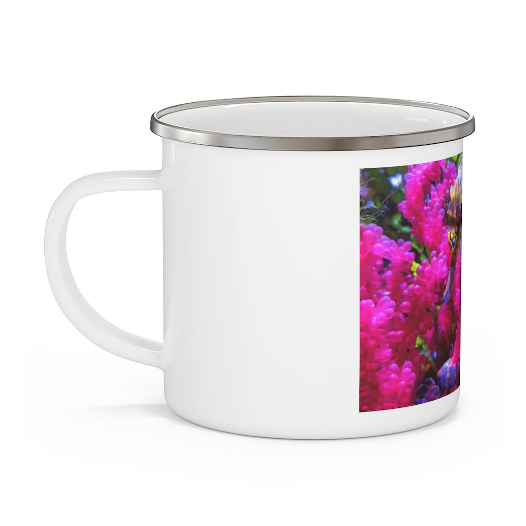 A stylish Seahorse Enamel Camping Mug with a vibrant design, perfect for outdoor adventures and personalized printing.