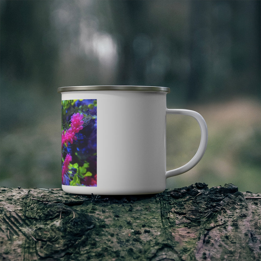 A stylish Seahorse Enamel Camping Mug with a vibrant design, perfect for outdoor adventures and personalized printing.