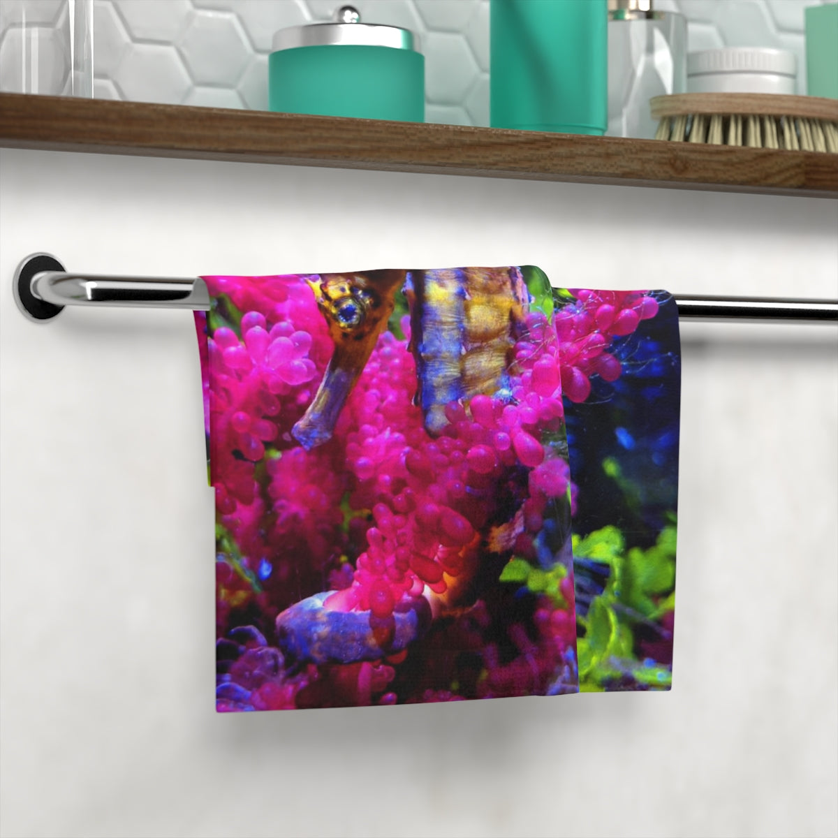 A Seahorse Face Towel featuring a vibrant seahorse design on a polyester blend front and soft cotton back, perfect for drying and decoration.