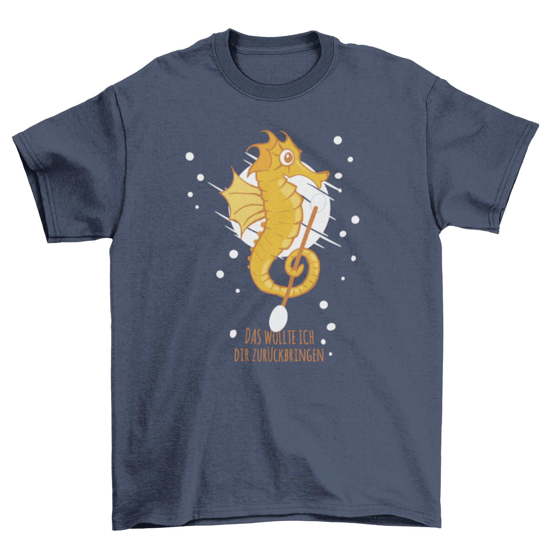 Seahorse T-shirt design featuring a seahorse with a cotton swab and a German quote.