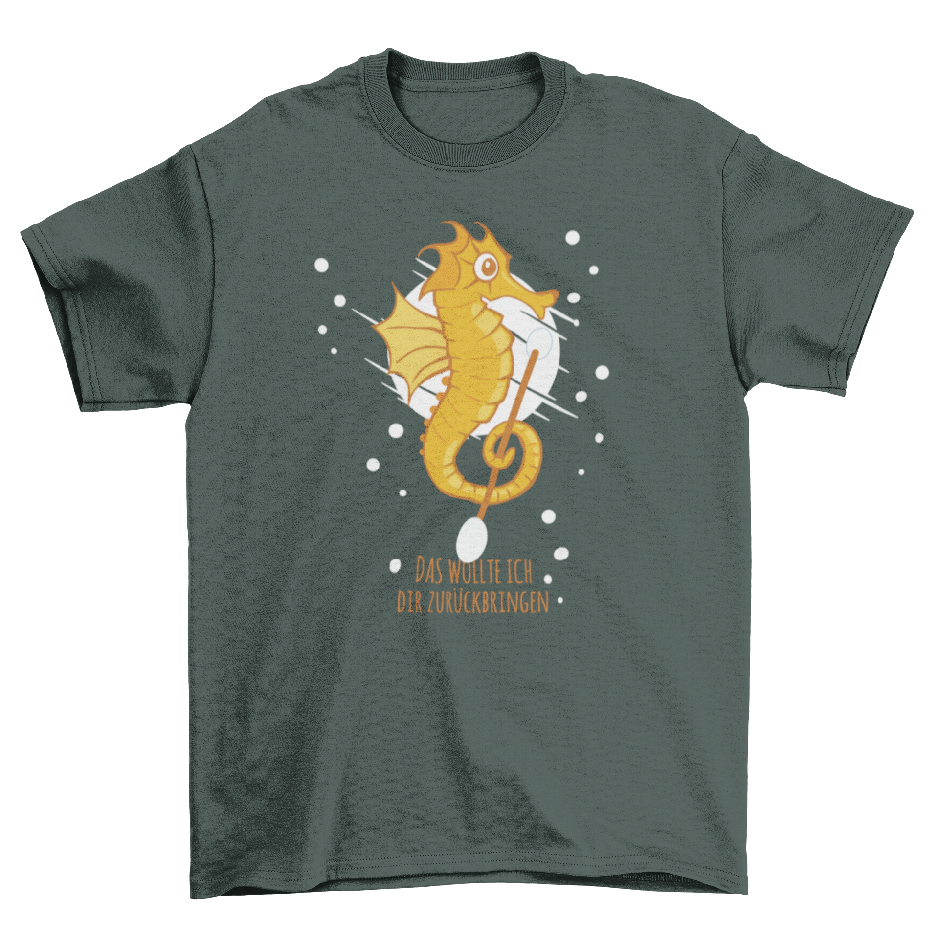 Seahorse T-shirt design featuring a seahorse with a cotton swab and a German quote.