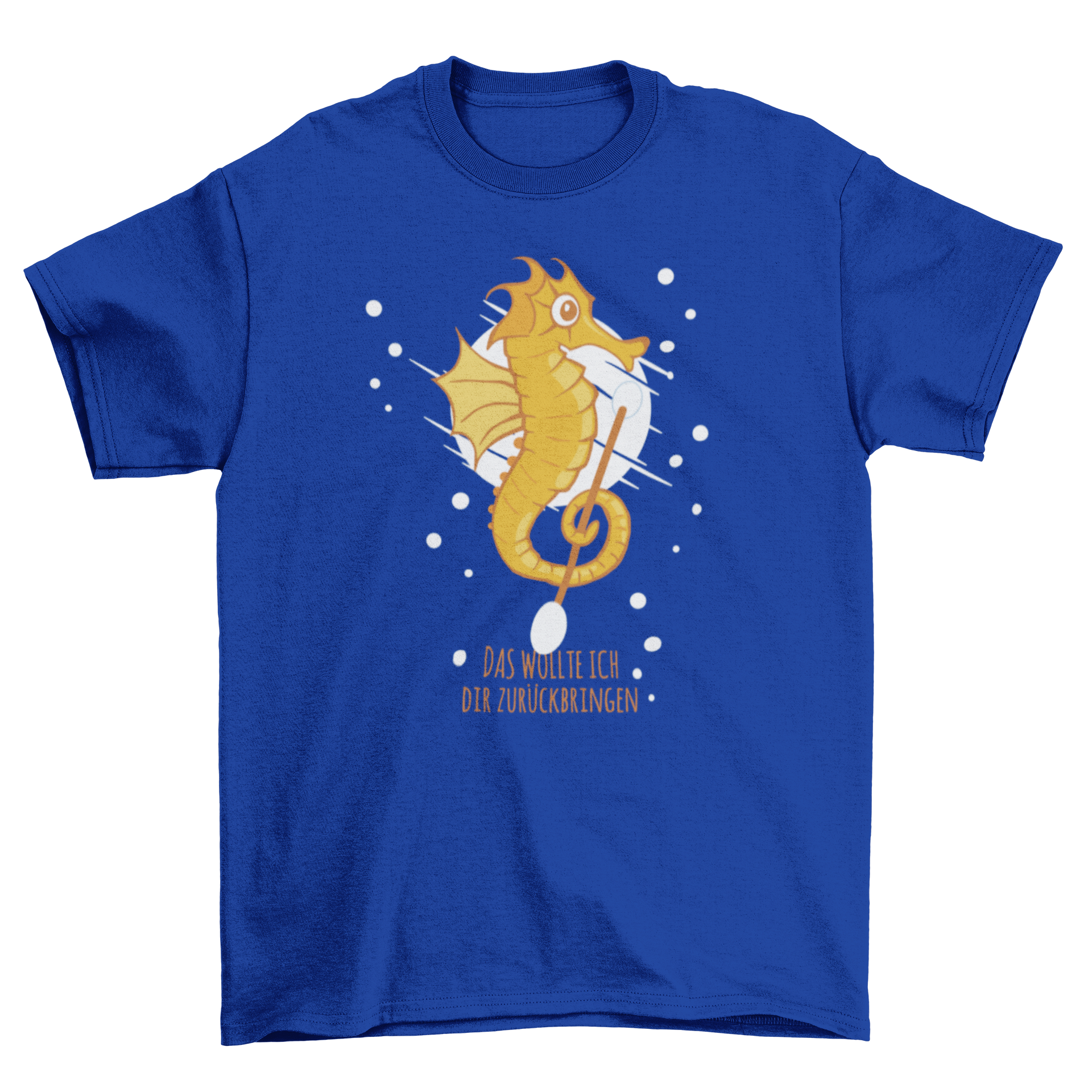 Seahorse T-shirt design featuring a seahorse with a cotton swab and a German quote.