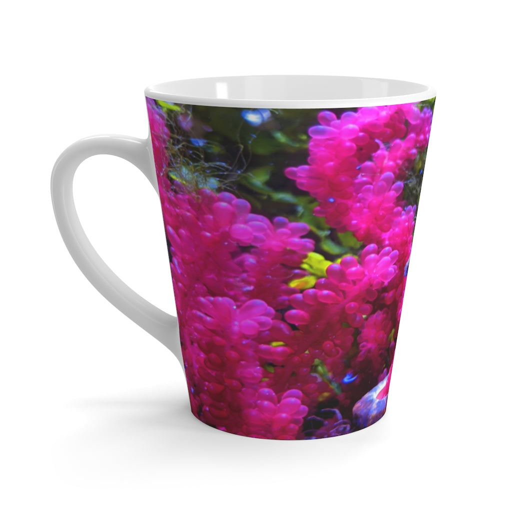 A stylish white ceramic latte mug featuring a vibrant seahorse design, perfect for coffee lovers.