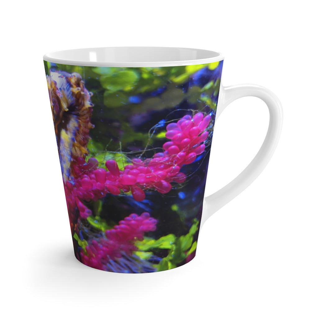 A stylish white ceramic latte mug featuring a vibrant seahorse design, perfect for coffee lovers.