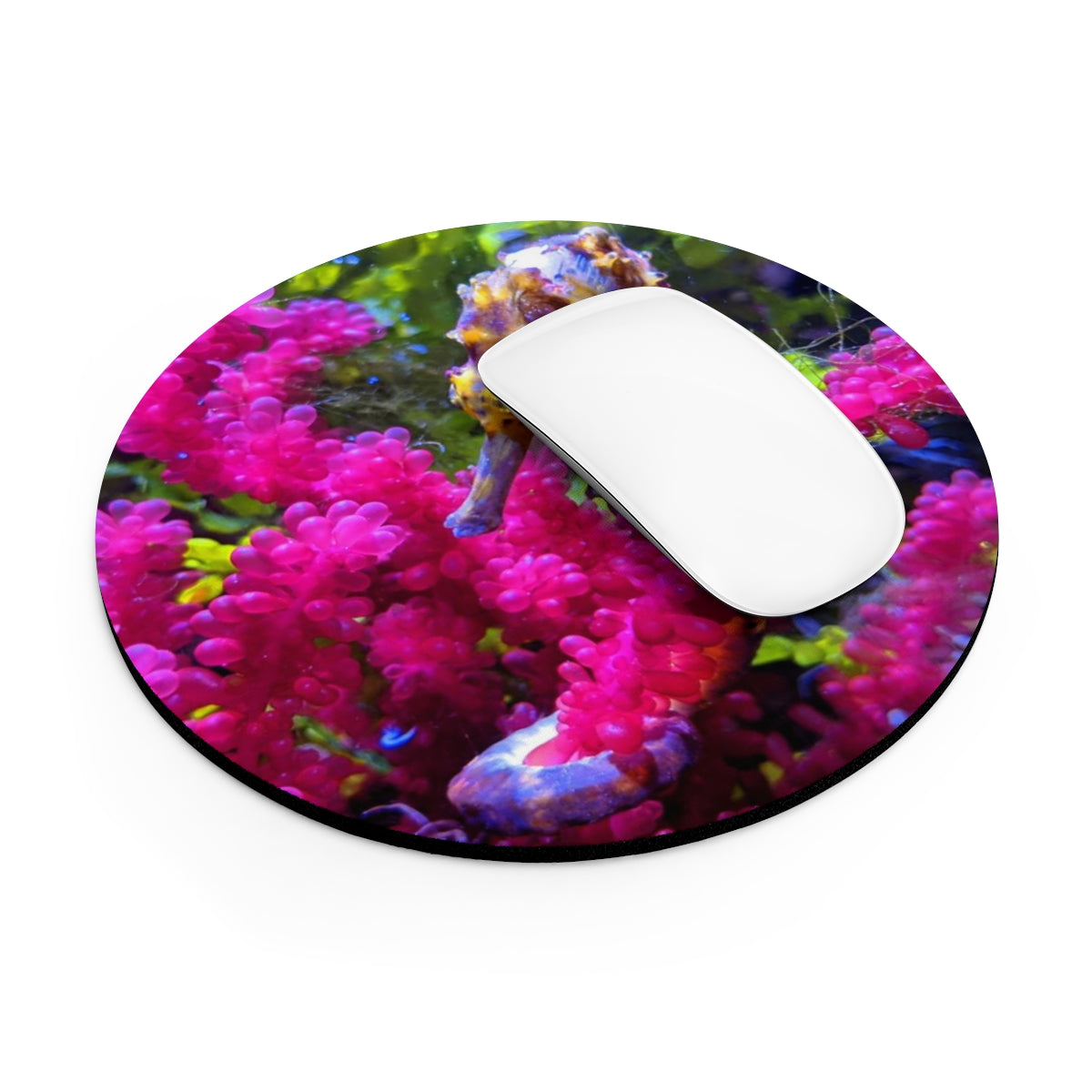 A vibrant Seahorse Mouse Pad in round and rectangular shapes, featuring a colorful design and a non-slip rubber bottom.