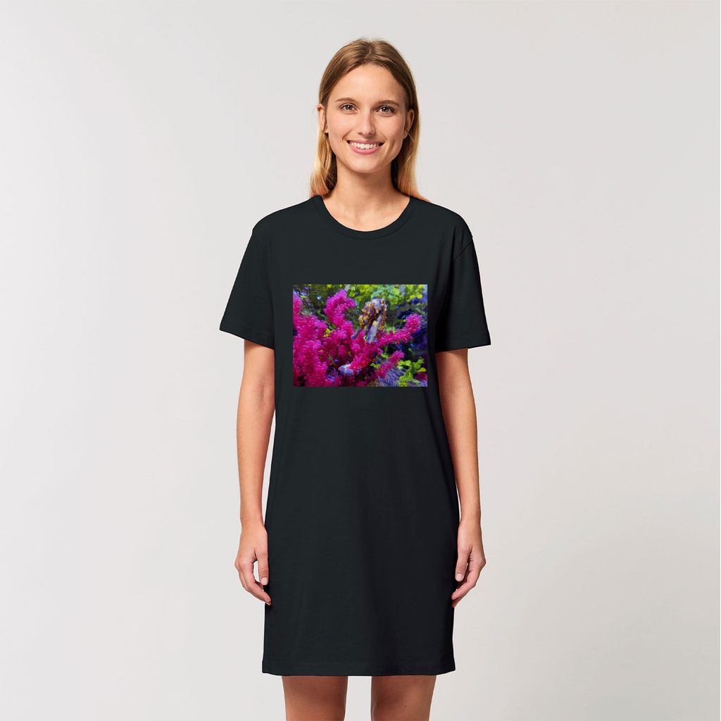 A stylish Seahorse Organic T-Shirt Dress made from 100% organic cotton, showcasing its soft texture and elegant design.