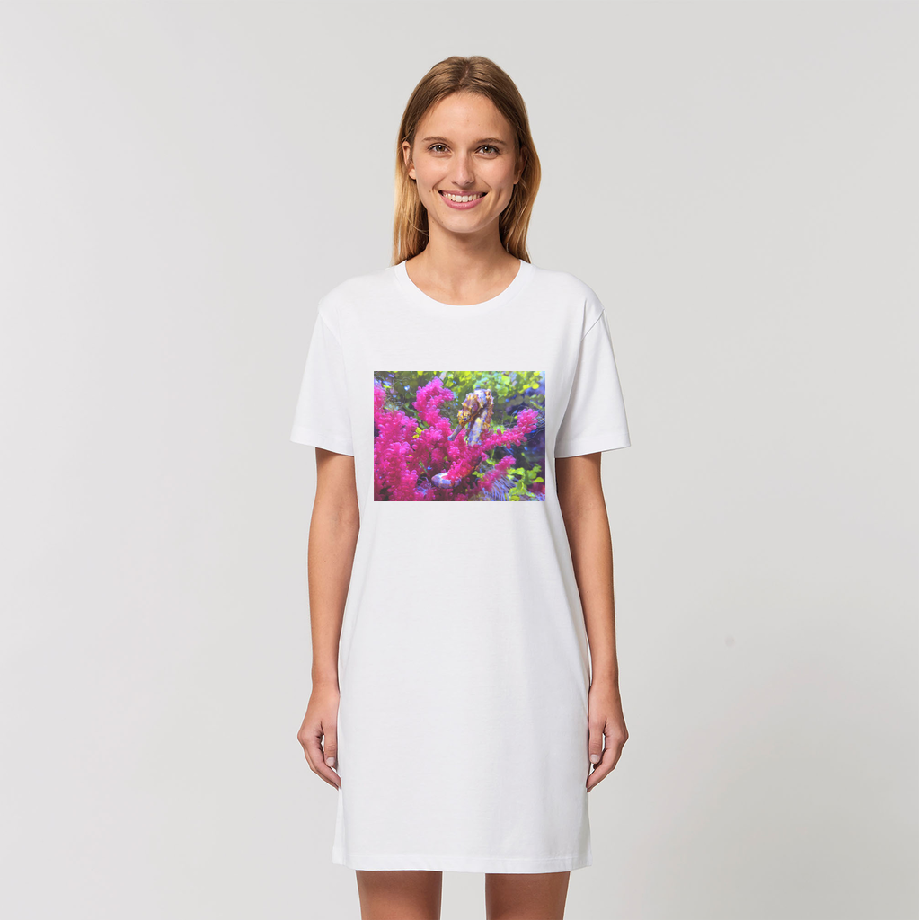 A stylish Seahorse Organic T-Shirt Dress made from 100% organic cotton, showcasing its soft texture and elegant design.