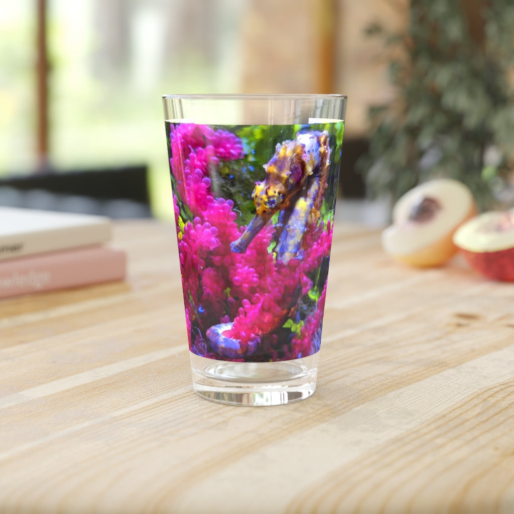 Seahorse Pint Glass, 16oz, clear glass with custom printed design, ideal for beverages.