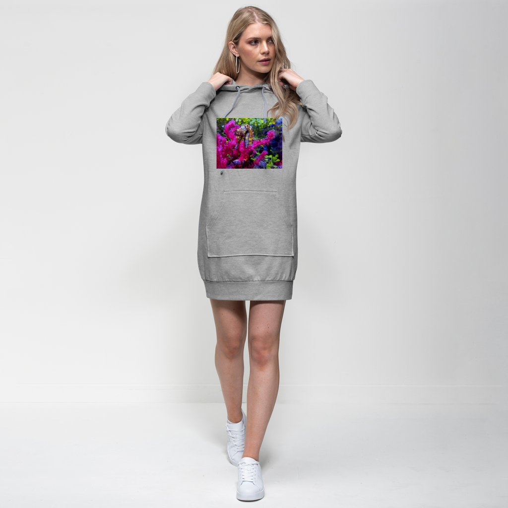 Seahorse Premium Adult Hoodie Dress featuring a relaxed fit, hood, and kangaroo pocket in a stylish design.