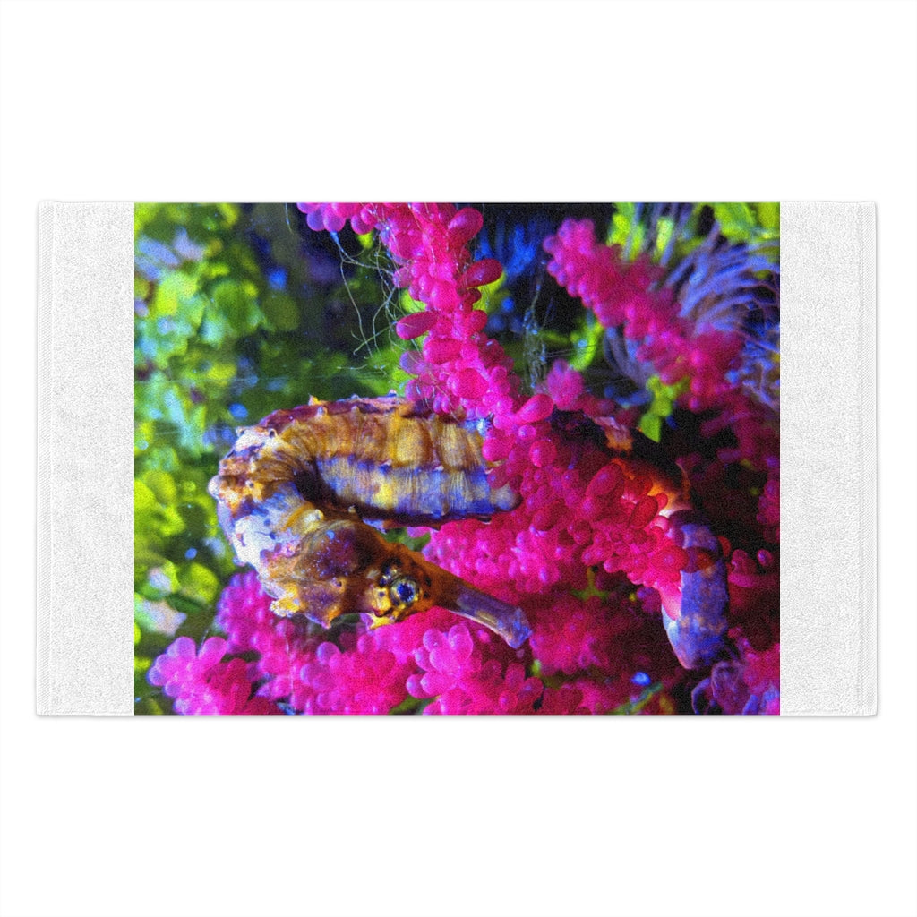 Seahorse Rally Towel, 11x18 inches, featuring soft cotton and printed mink polyester, ideal for sports and beach use.