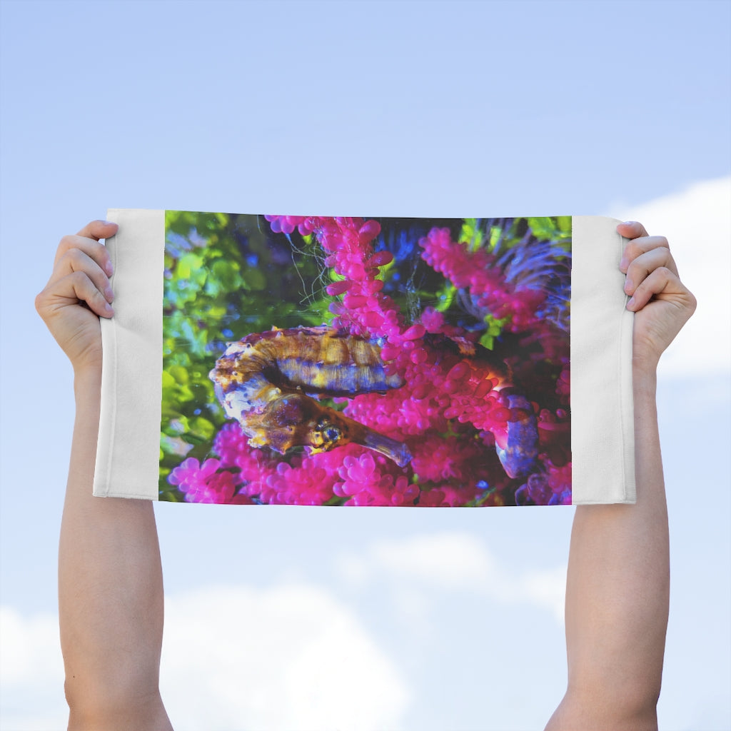 Seahorse Rally Towel, 11x18 inches, featuring soft cotton and printed mink polyester, ideal for sports and beach use.