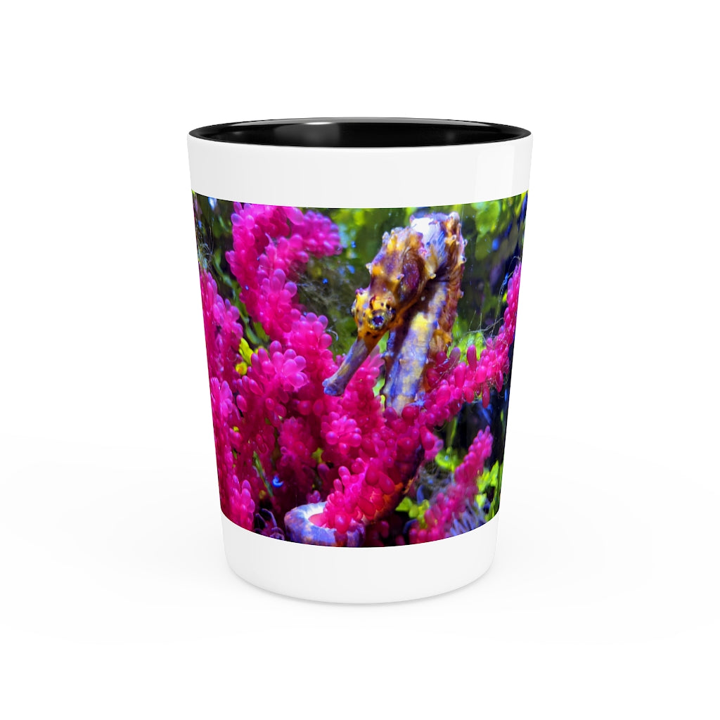 A personalized Seahorse Shot Glass made of ceramic, featuring a sleek design with a white or black interior, perfect for gatherings and gifts.