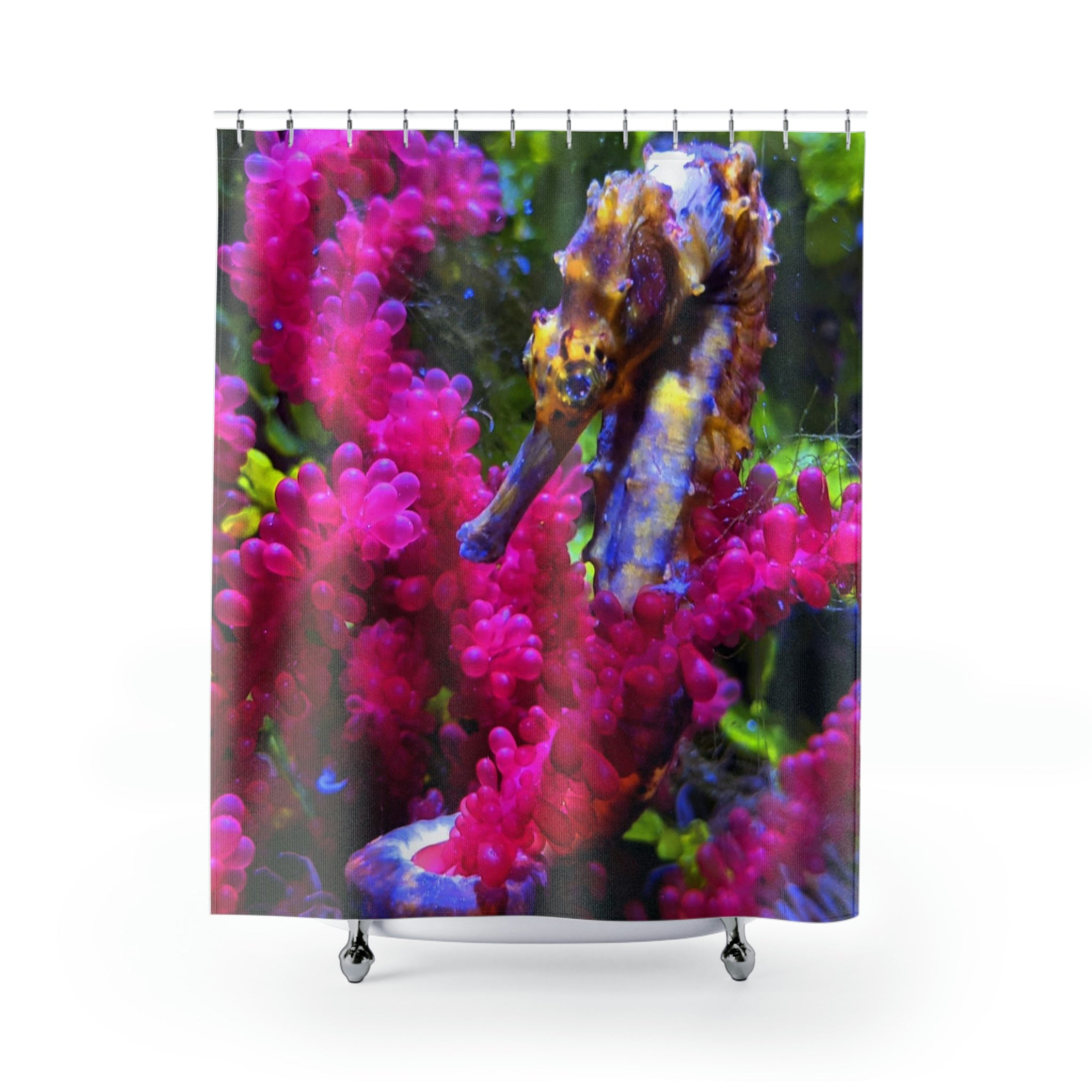 A vibrant seahorse shower curtain featuring colorful marine life designs, made from durable polyester, perfect for enhancing bathroom decor.