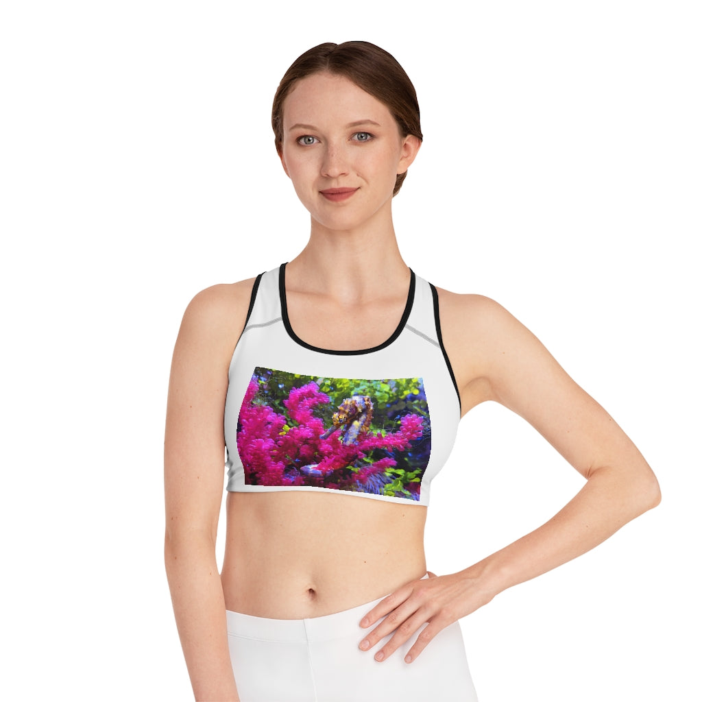 Seahorse Sports Bra featuring a customizable all-over print design, compression fit, and double-layer front for enhanced support.