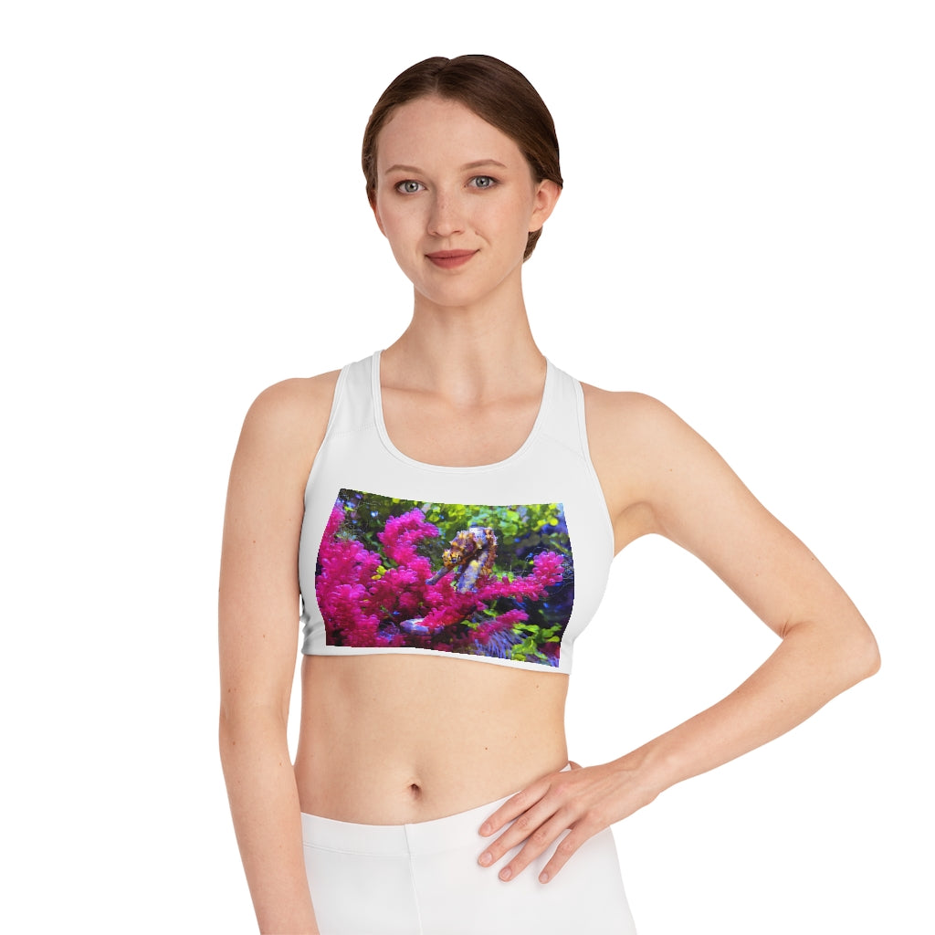 Seahorse Sports Bra featuring a customizable all-over print design, compression fit, and double-layer front for enhanced support.