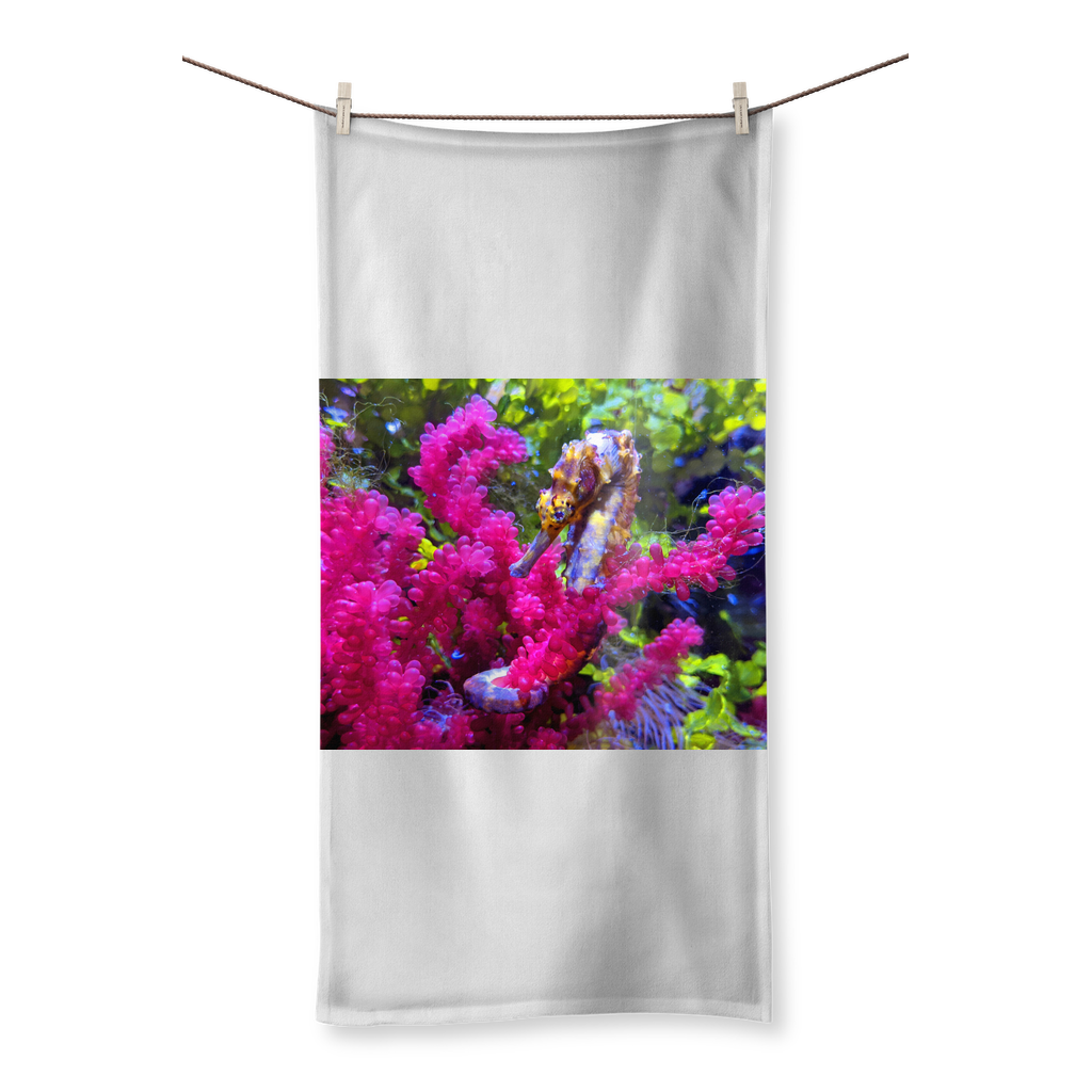 Seahorse Sublimation All Over Towel showcasing vibrant colors and soft cotton backing, perfect for beach or bath use.