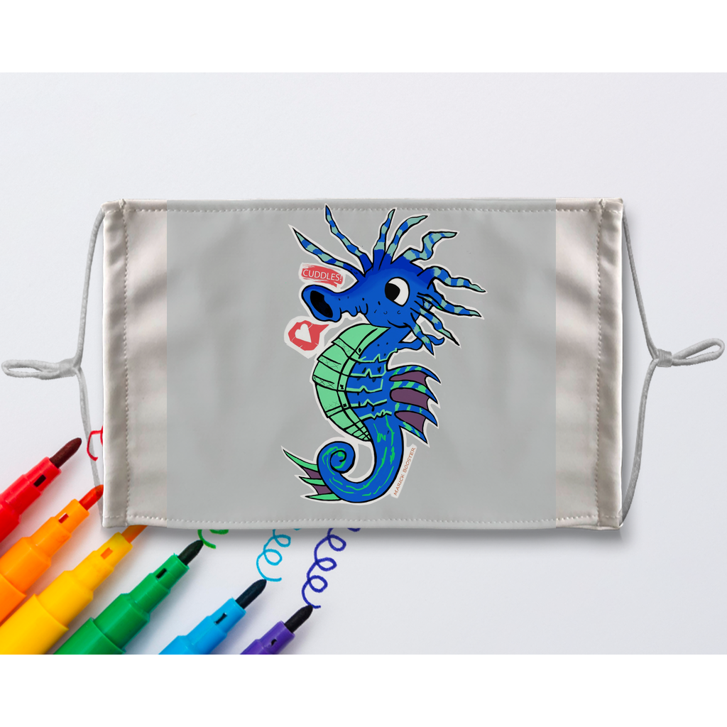 Seahorse Sublimation Colouring Face Mask with 8 vibrant textile markers, showcasing a colorful design and adjustable ear loops.