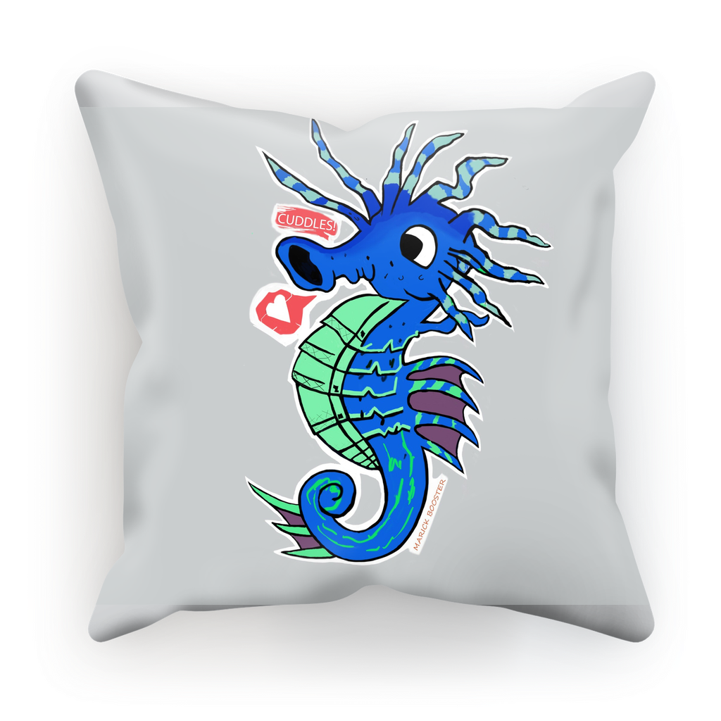 Seahorse Sublimation Cushion Cover featuring vibrant colors and intricate design, available in suede or satin material.