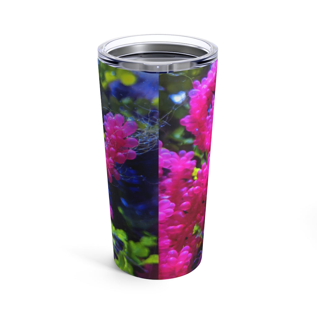 Seahorse Tumbler 20oz in stainless steel with a see-thru plastic lid, showcasing its sleek design and rounded corners.