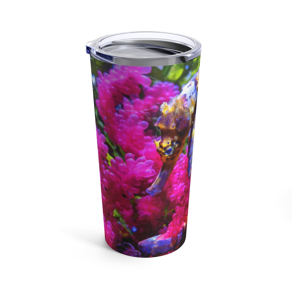 Seahorse Tumbler 20oz in stainless steel with a see-thru plastic lid, showcasing its sleek design and rounded corners.