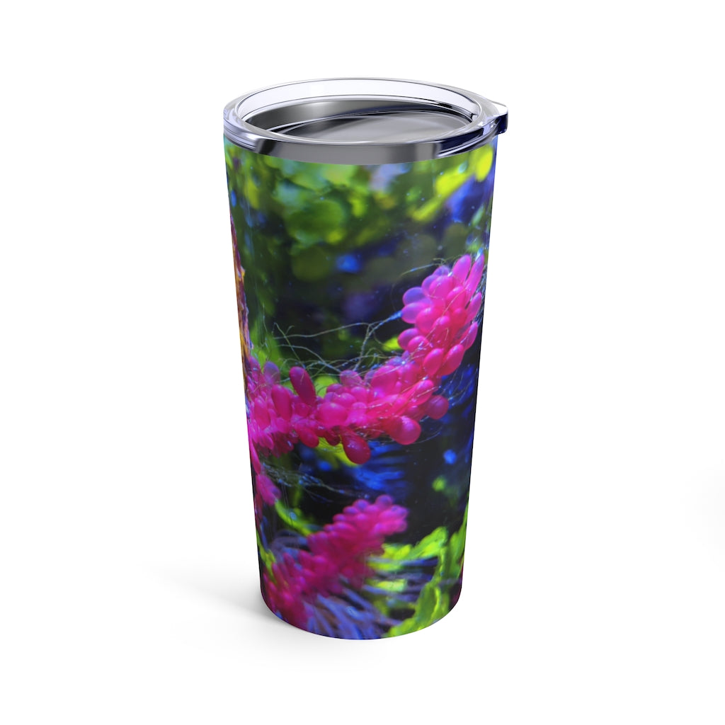 Seahorse Tumbler 20oz in stainless steel with a see-thru plastic lid, showcasing its sleek design and rounded corners.