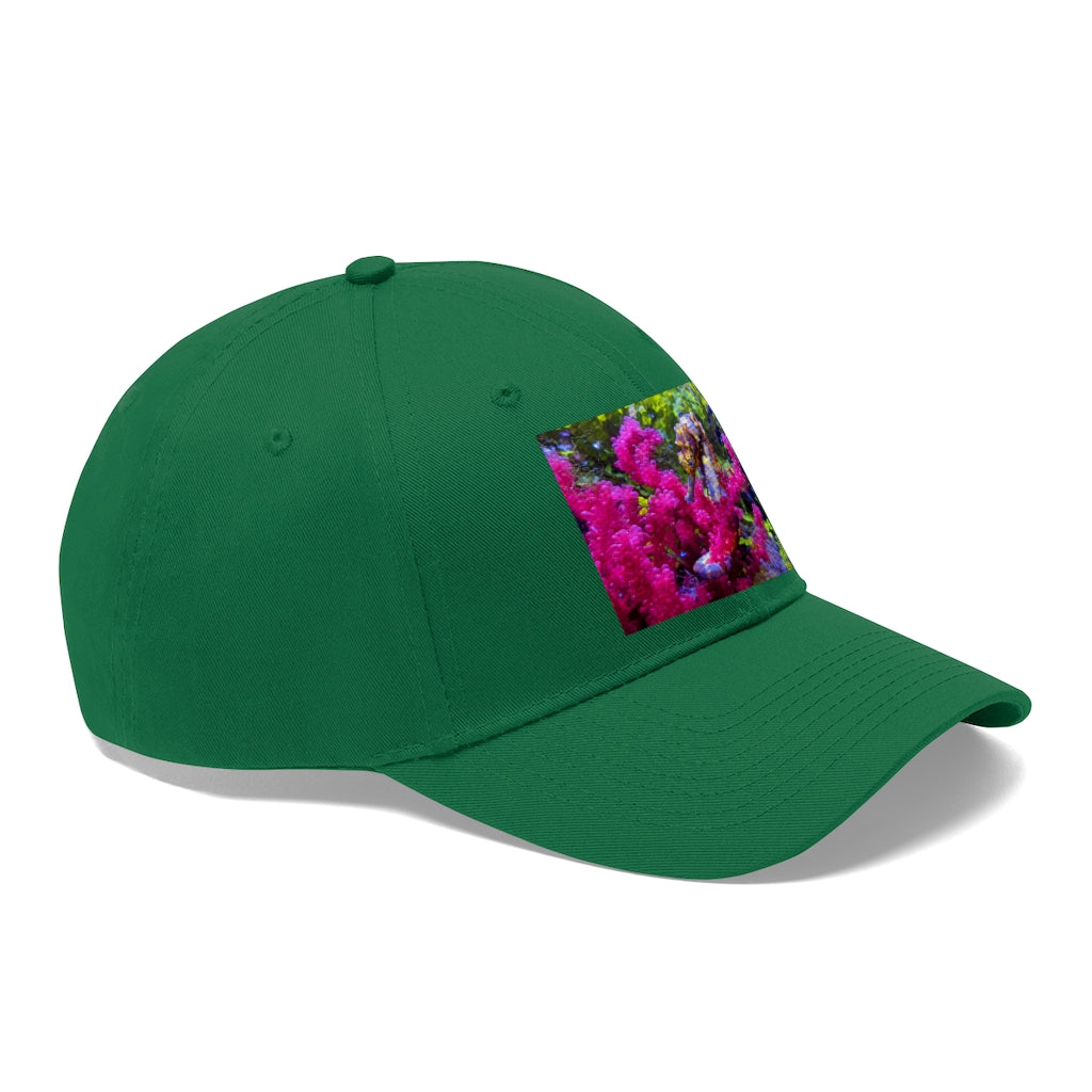 Seahorse Unisex Twill Hat in various colors, showcasing its 6-panel design and adjustable Velcro closure.