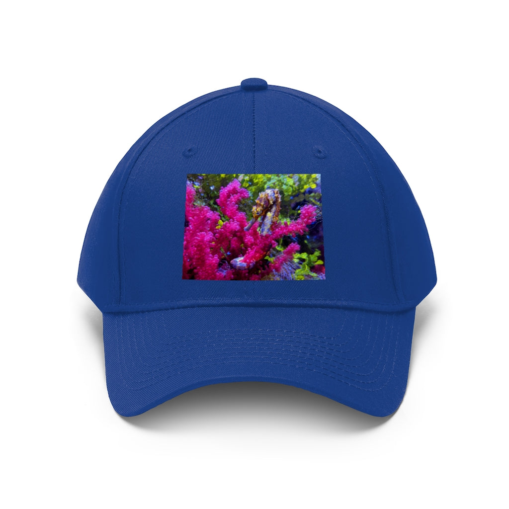 Seahorse Unisex Twill Hat in various colors, showcasing its 6-panel design and adjustable Velcro closure.