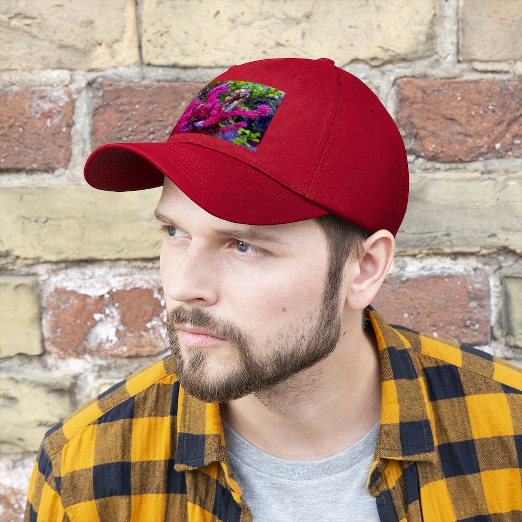 Seahorse Unisex Twill Hat in various colors, showcasing its 6-panel design and adjustable Velcro closure.