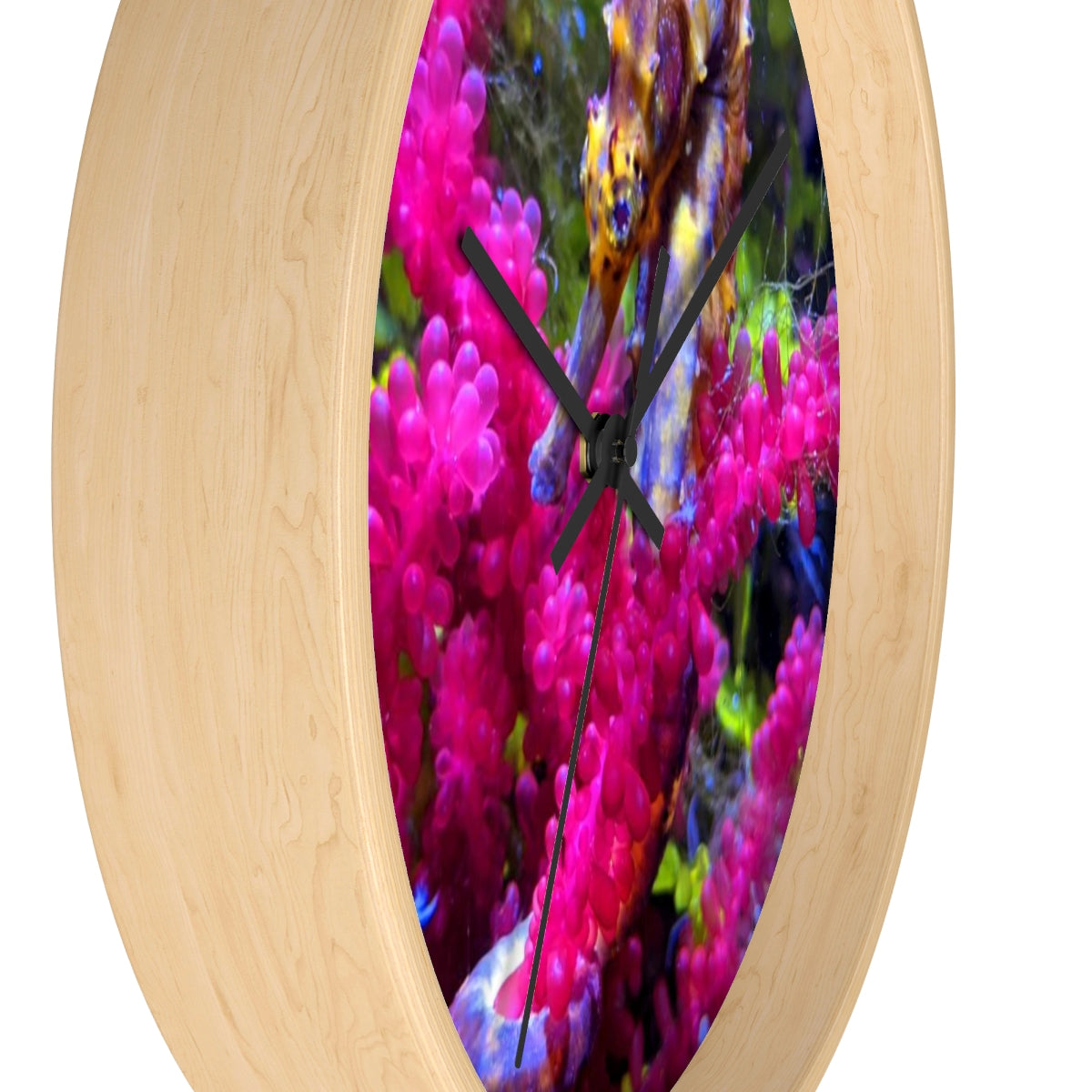 A stylish Seahorse Wall Clock featuring a wooden frame and a plexiglass face, perfect for indoor decor.