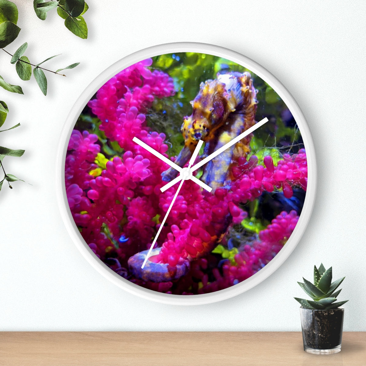 A stylish Seahorse Wall Clock featuring a wooden frame and a plexiglass face, perfect for indoor decor.