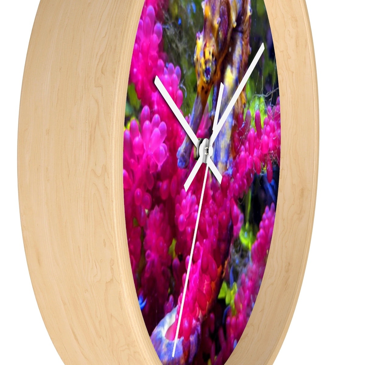 A stylish Seahorse Wall Clock featuring a wooden frame and a plexiglass face, perfect for indoor decor.