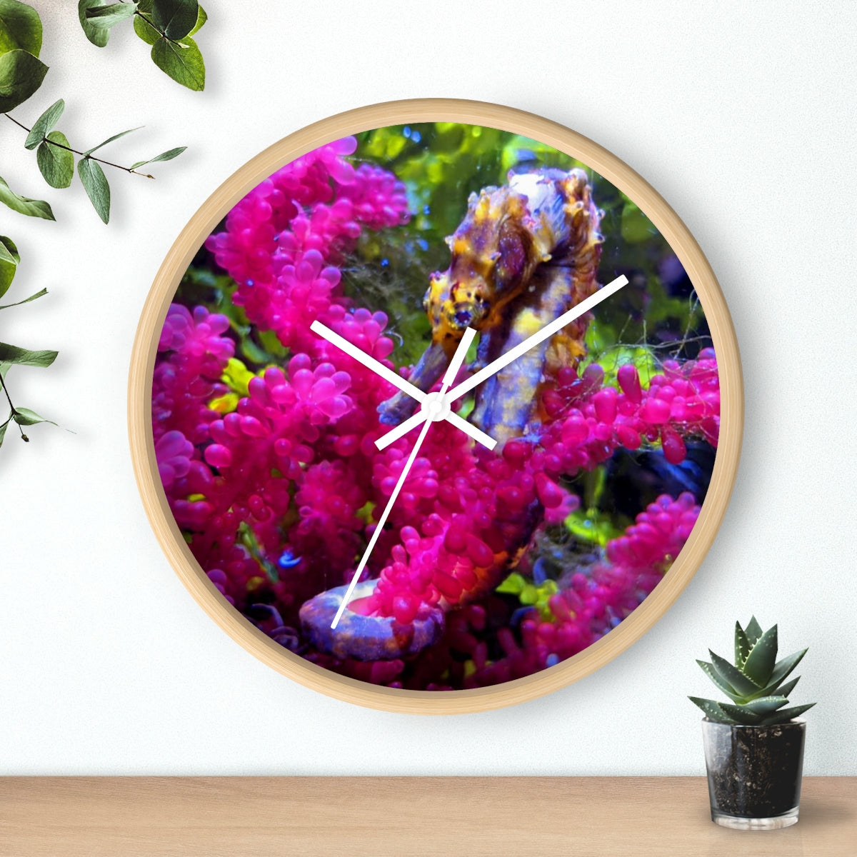 A stylish Seahorse Wall Clock featuring a wooden frame and a plexiglass face, perfect for indoor decor.