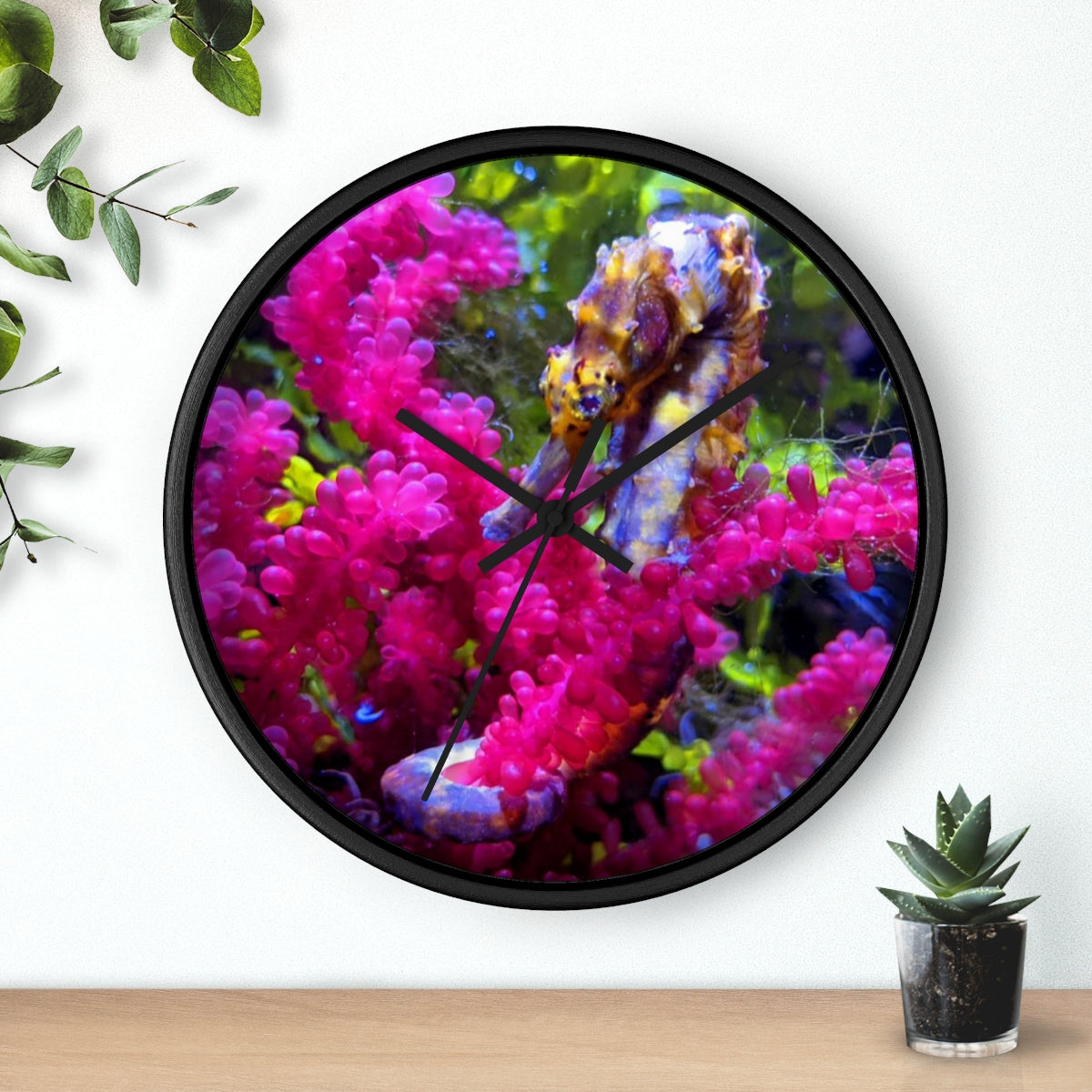 A stylish Seahorse Wall Clock featuring a wooden frame and a plexiglass face, perfect for indoor decor.