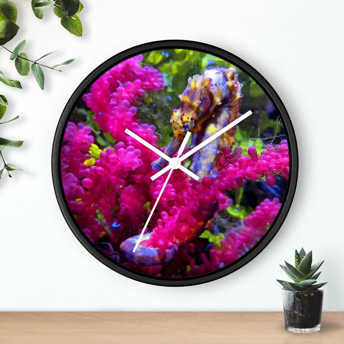 A stylish Seahorse Wall Clock featuring a wooden frame and a plexiglass face, perfect for indoor decor.