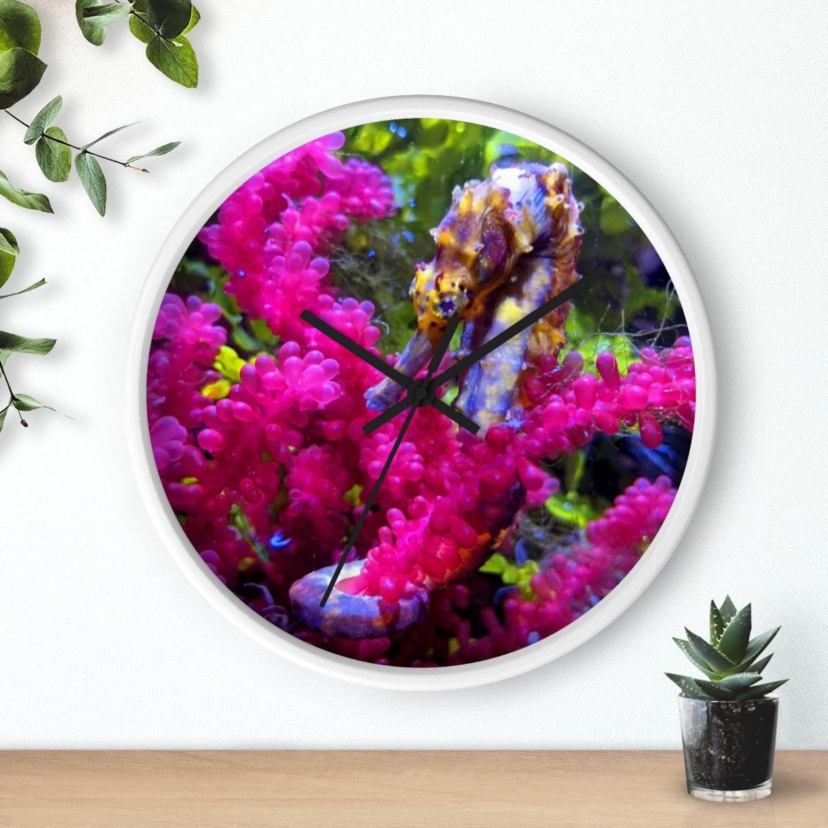 A stylish Seahorse Wall Clock featuring a wooden frame and a plexiglass face, perfect for indoor decor.