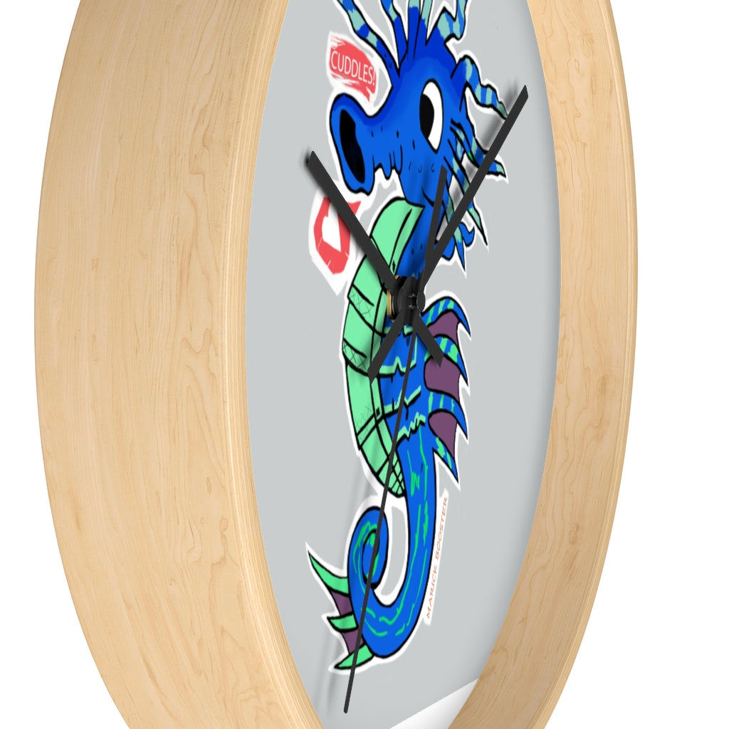 A beautifully designed Seahorse Wall Clock featuring a wooden frame and a clear plexiglass face, perfect for indoor decor.