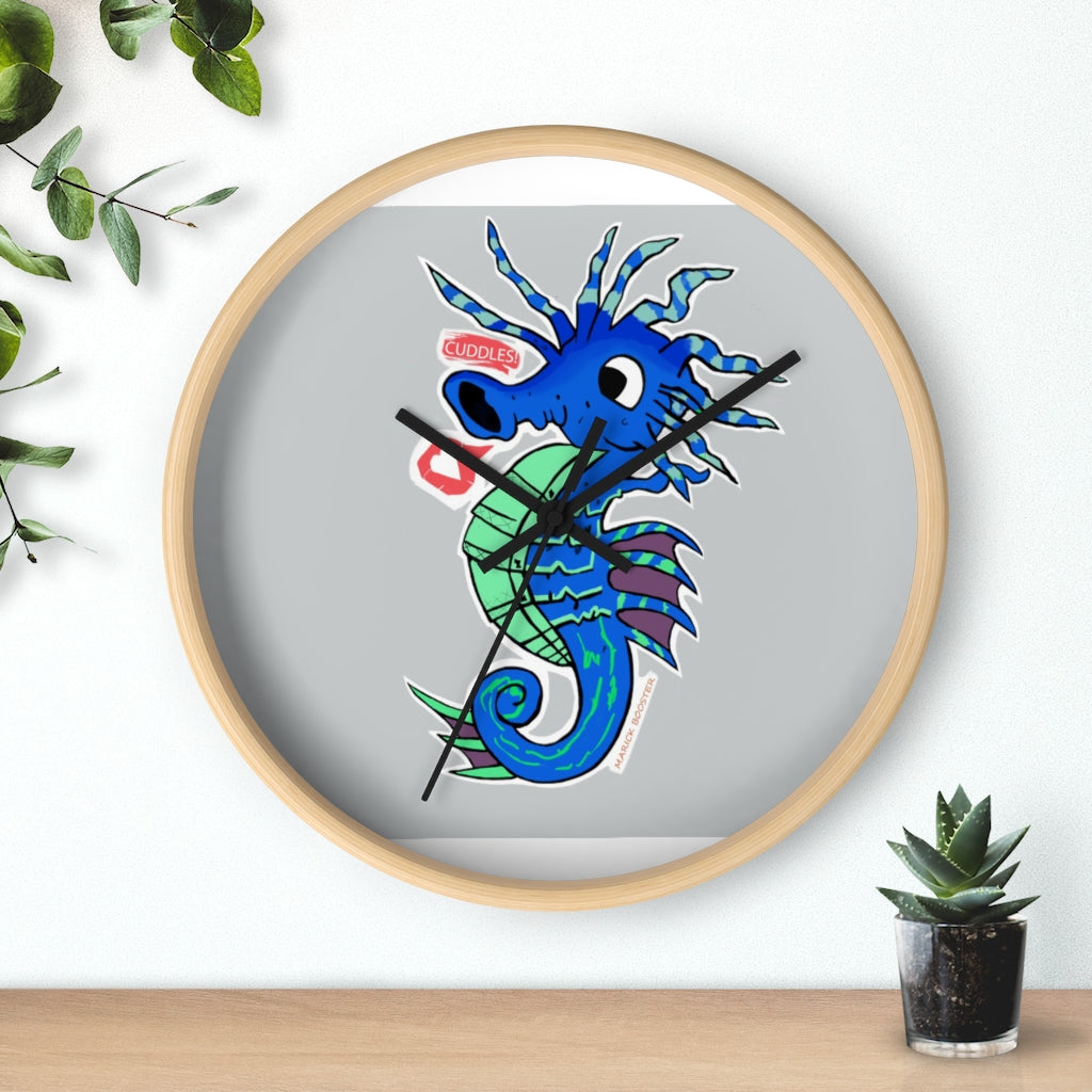 A beautifully designed Seahorse Wall Clock featuring a wooden frame and a clear plexiglass face, perfect for indoor decor.