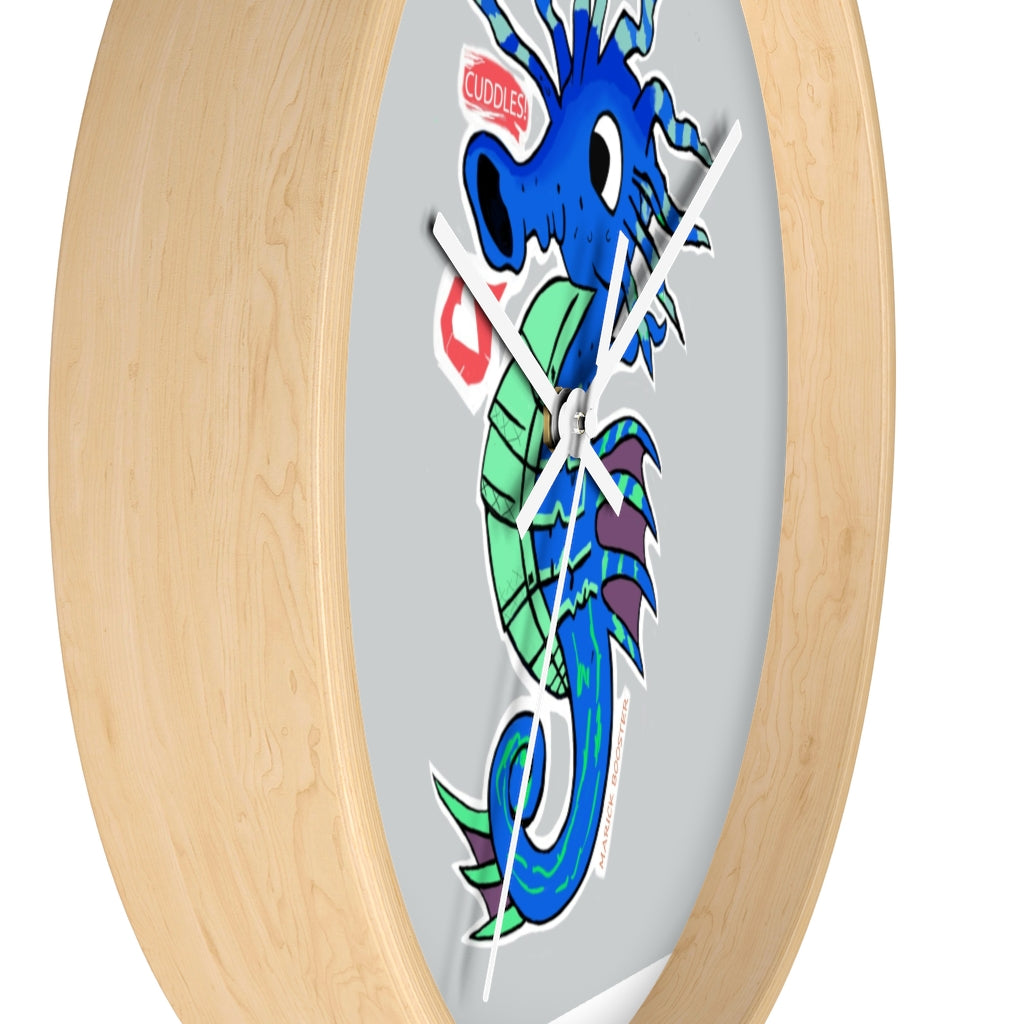 A beautifully designed Seahorse Wall Clock featuring a wooden frame and a clear plexiglass face, perfect for indoor decor.