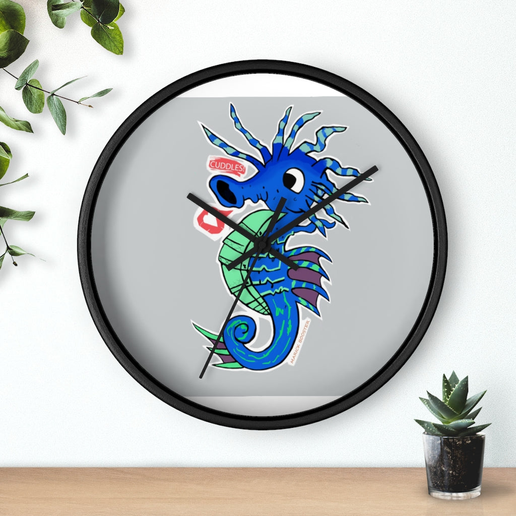 A beautifully designed Seahorse Wall Clock featuring a wooden frame and a clear plexiglass face, perfect for indoor decor.