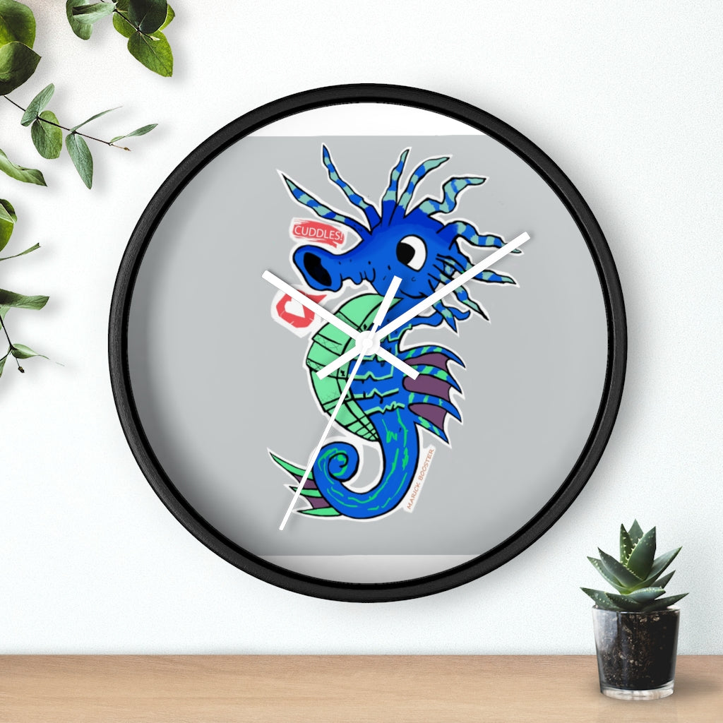 A beautifully designed Seahorse Wall Clock featuring a wooden frame and a clear plexiglass face, perfect for indoor decor.