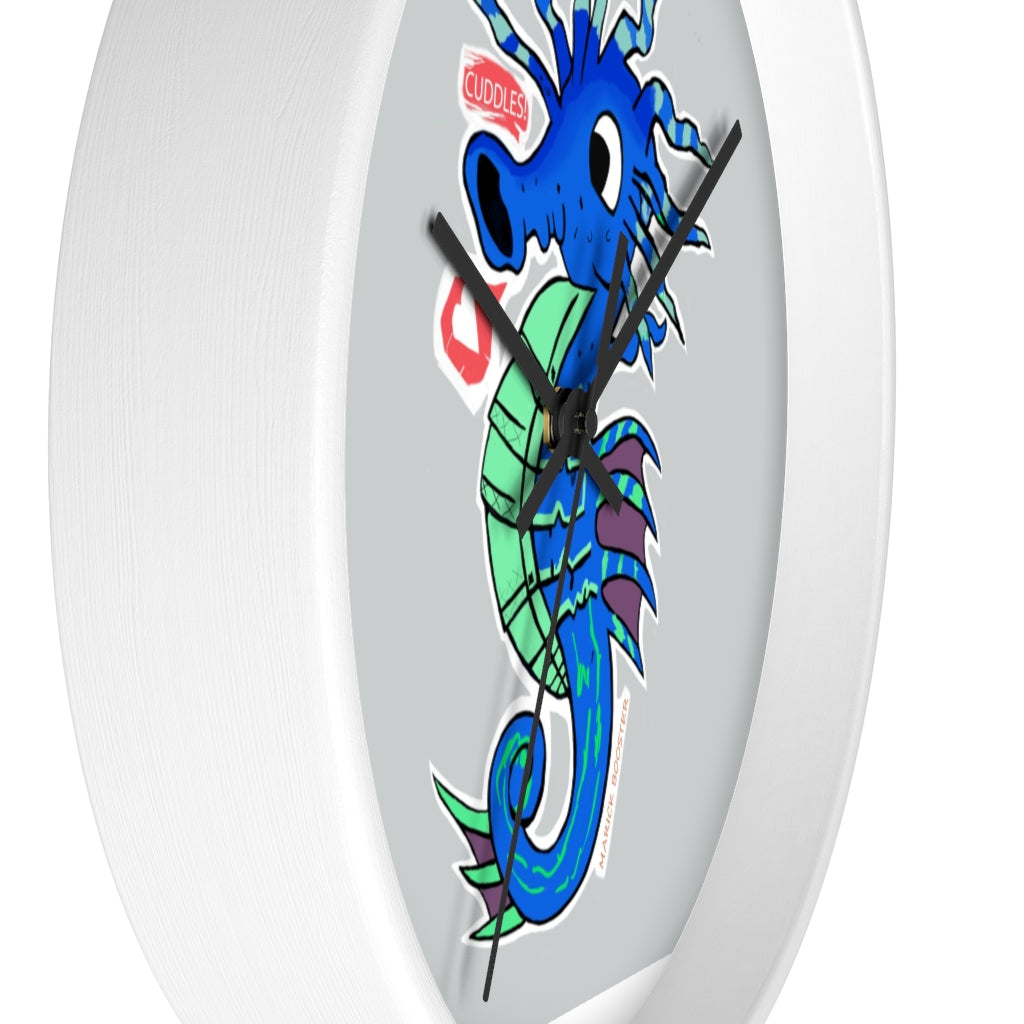 A beautifully designed Seahorse Wall Clock featuring a wooden frame and a clear plexiglass face, perfect for indoor decor.