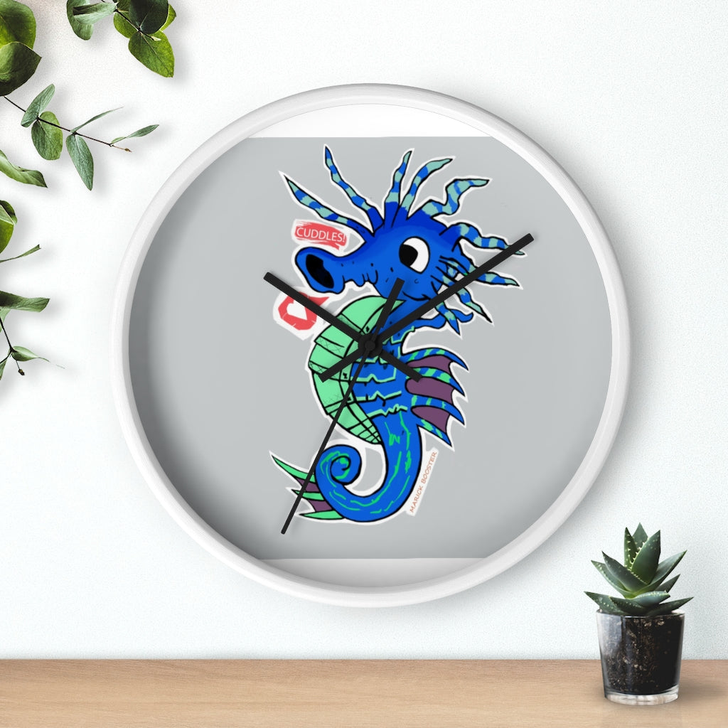 A beautifully designed Seahorse Wall Clock featuring a wooden frame and a clear plexiglass face, perfect for indoor decor.