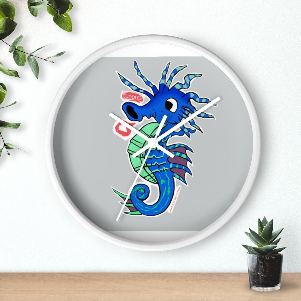 A beautifully designed Seahorse Wall Clock featuring a wooden frame and a clear plexiglass face, perfect for indoor decor.