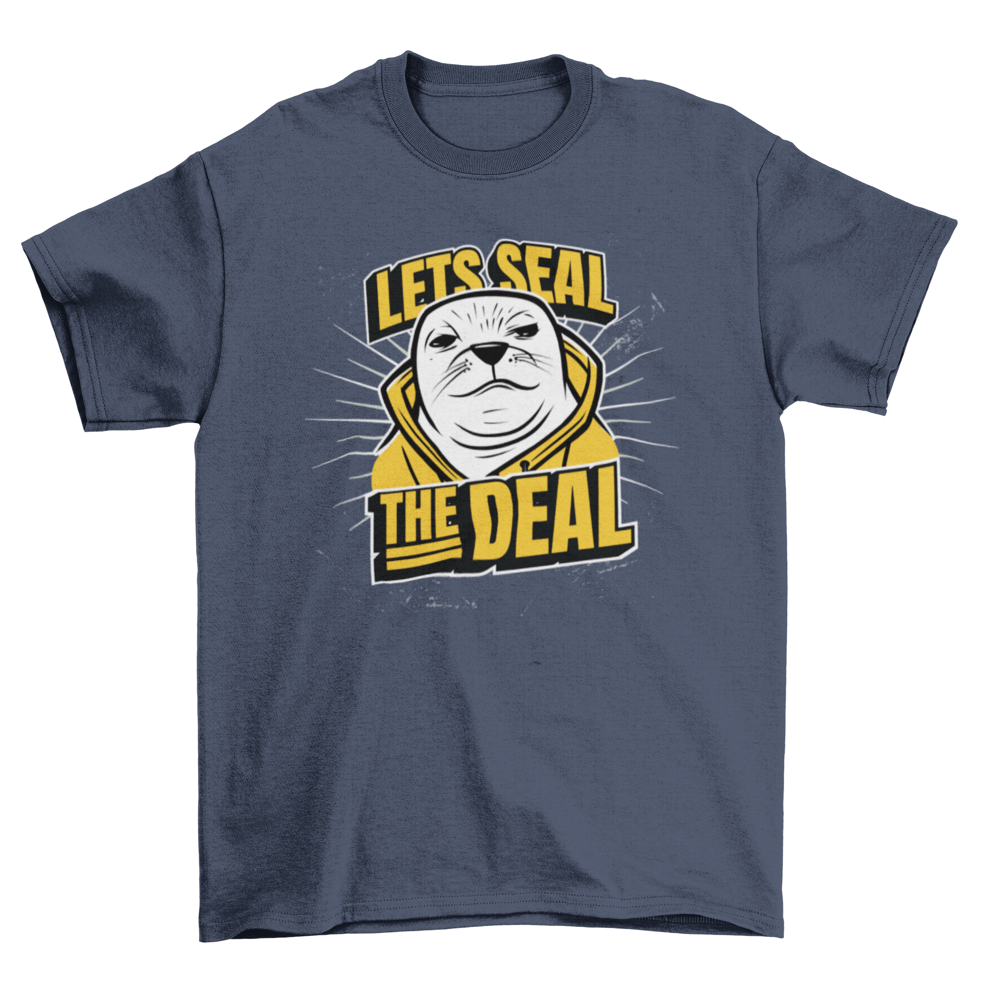 Seal wearing a yellow hoodie with the quote 'Let's seal the deal' on a t-shirt.